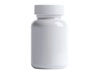 Plain white plastic pill bottle with a screw cap, commonly used for medicine or supplement storage, cut out transparent isolated PNG.