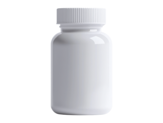 Plain white plastic pill bottle with a screw cap, commonly used for medicine or supplement storage, cut out transparent isolated PNG.