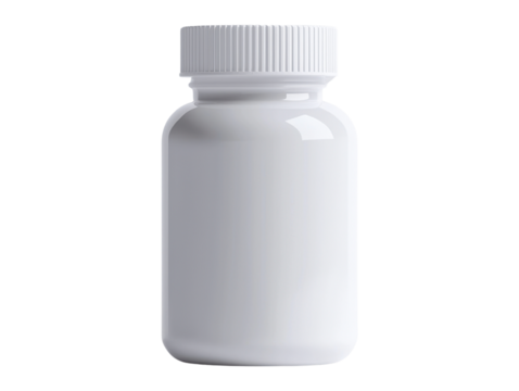 Plain white plastic pill bottle with a screw cap, commonly used for medicine or supplement storage, cut out transparent isolated PNG.