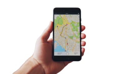 Hand with mobile phone with gps map transparent background