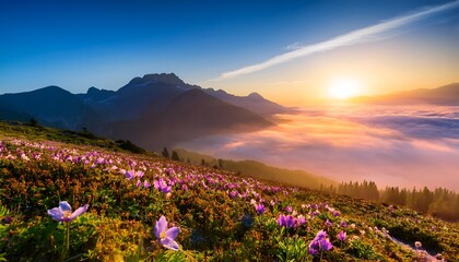 Obraz premium sunrise in the mountains with flowers 