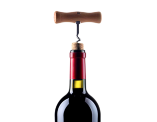 Corkscrew inserted into the cork of a red wine bottle, cut out isolated transparent PNG