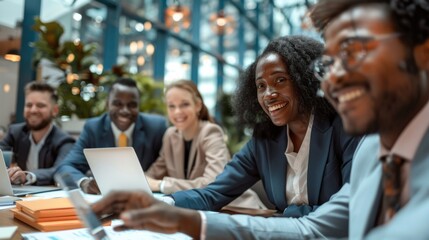 A diverse group of professionals smiles warmly while brainstorming together in a bright, contemporary workspace