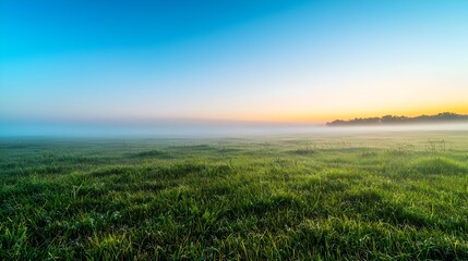 Obraz premium Ethereal Morning Mist Enveloping Tranquil Grassland Landscape at Sunrise