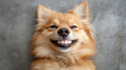 Obraz premium Happy dog with a funny expression lies on a grey background, smiling and showing its teeth, exuding joy and happiness