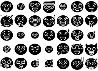 A Collection Of Emoji Glyph Icons Collection Isolated Silhouette Solid Icons Including Smiley,Emoticon,Sad,Annoyed,Crying Vector Icon Set Linear Pictogram Pack