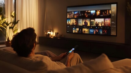Cozy Evening at Home - Person Relaxing on Couch with Remote Watching Streaming Service on Flat-Screen TV