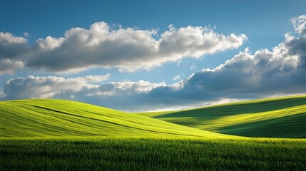 Fototapeta premium Expansive Green Fields Under a Tranquil,Cloud-Dotted Sky