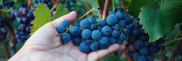 Appreciation for Large Blue Grape Bunch with Hand Gesture for Size Comparison in Vineyard