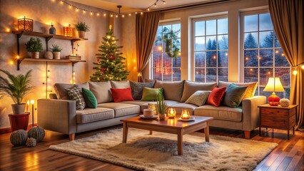 Fototapeta premium Cozy living room with plush couch, warm lighting, and colorful decorations, evoking a sense of comfort and joy in a peaceful domestic atmosphere.