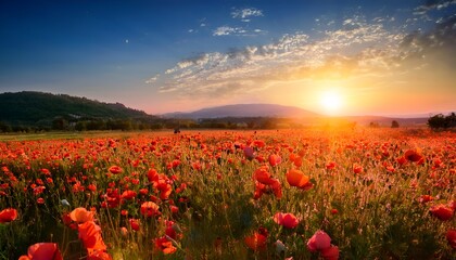 Red poppy field at sunset