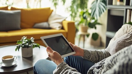 Modern Lifestyle - Person Enjoying Movie Streaming on Tablet in Stylish Living Room with Coffee Cup