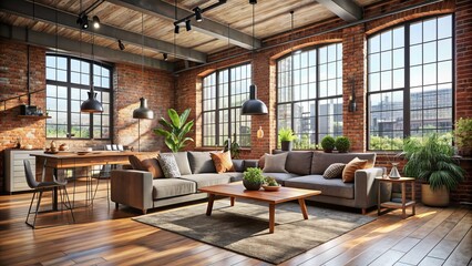 Cozy modern loft interior with rustic exposed brick wall, large windows, sleek hardwood floors, and minimalist decor in a converted industrial urban dwelling space.