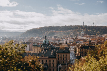 Obraz premium Panoramic view of a city with autumn foliage from the Letna Park during autumn in Prague