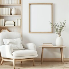 Stylish living room mockup showcasing a simple armchair and coffee table design and a central empty poster frame