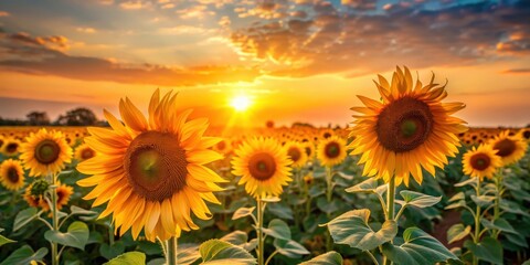 Obraz premium Sunflowers glowing in the sunset, sunflowers, sunset, evening, nature, beauty, colorful, yellow, field, plants, agriculture, sun, sky