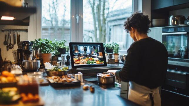 Culinary Multitasking - Person Cooking in Kitchen while Streaming Cooking Show on Tablet