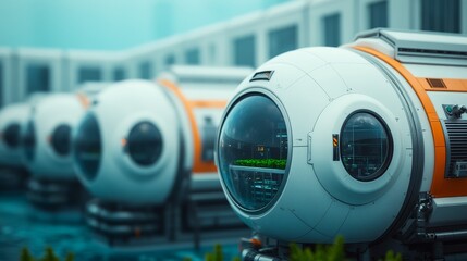High-tech aquatic research facility city with modular bubble labs, hydroponic food production domes, whale-like submersibles docking at pressurized airlocks, scientists in sleek diving suits