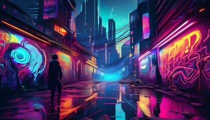 Graffiti cyberpunk Art with Neon Colors Focus on a graffiti piece with neon colors with a dark city background