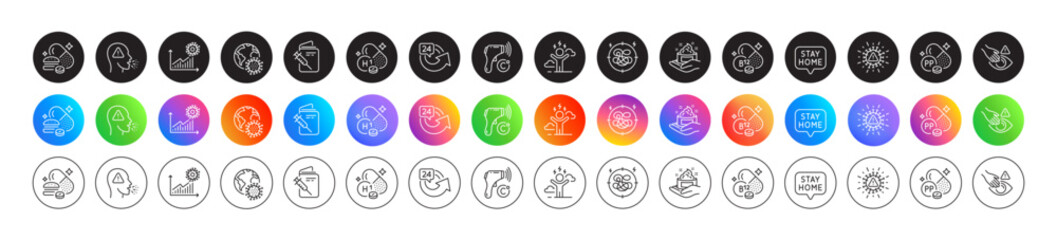 Stay home, Electronic thermometer and Coronavirus pandemic line icons. Round icon gradient buttons. Pack of Dont touch, Overeating pills, Coronavirus icon. Vector