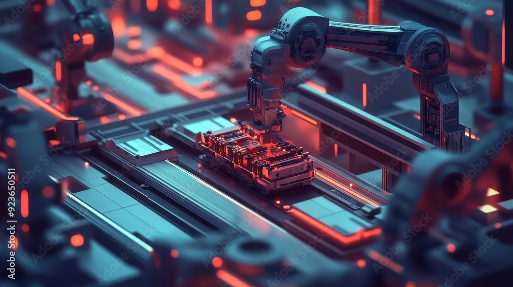 Aufkleber A futuristic AI-powered factory with robotic arms building complex machinery, symbolizing automation and efficiency, flat design illustration