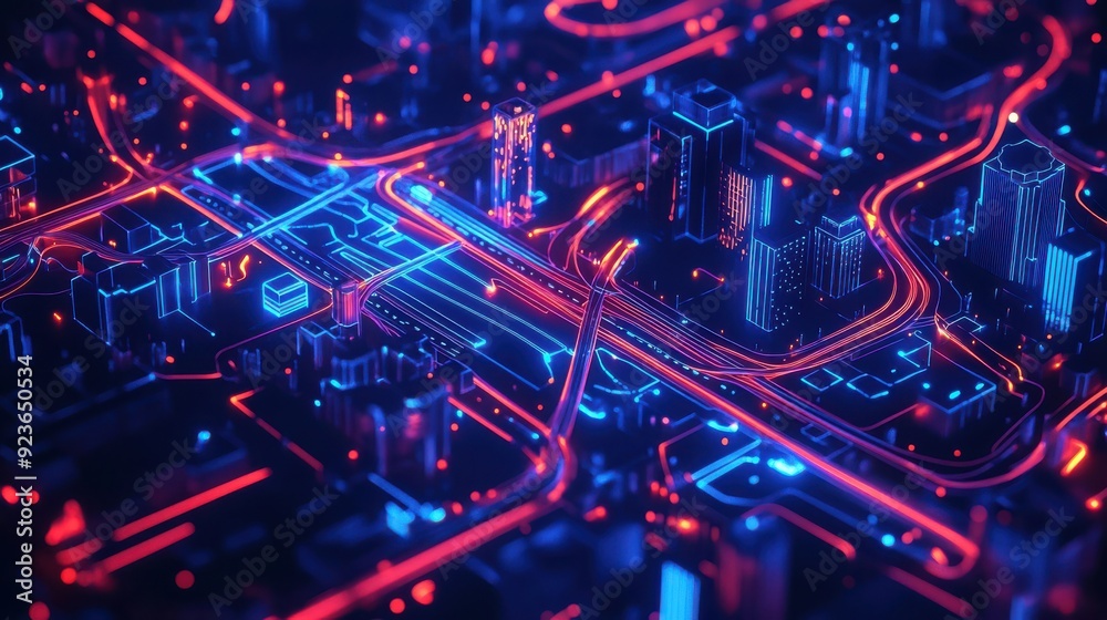 Aufkleber a digital city map with ai-powered traffic management, showing optimized routes with glowing paths, 
