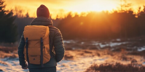 Golden Hour Hiker: A solitary figure embraces the warmth of the setting sun, embarking on a tranquil journey through a serene winter landscape. 