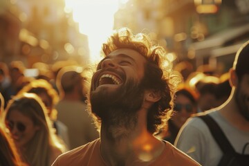 Obraz premium People is bathed in warm rim light from the sun, with a soft, blurred street backdrop glowing in warm twilight tones.