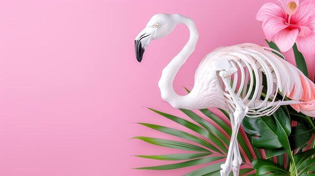 Faux flamingo skeleton against a pink background with tropical leaves and flowers, blending eeriness and nature in a vibrant display.