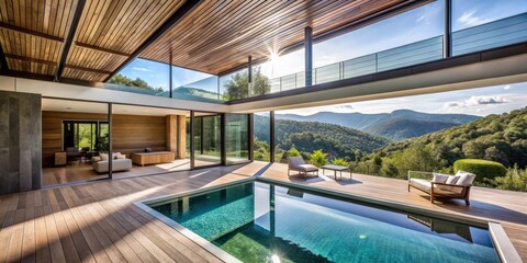 Fototapeta premium Modern architecture with a view of wooded hills, large windows, and a pool in a Southern France home