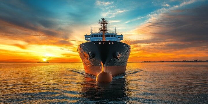 Cargo Ship at Sunset: A majestic cargo ship cuts through the ocean, silhouetted against a vibrant sunset, as the sky explodes in a symphony of warm hues.  