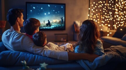 Cozy Family Movie Night at Home - Parents and Kids Watching Film on Big Screen TV in Living Room