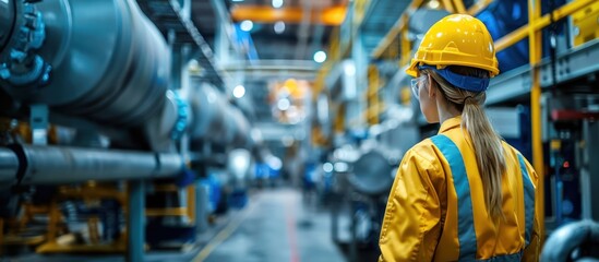 Fototapeta premium Female engineer in safety gear observing factory machinery, highlighting industrial production and worker safety in a manufacturing plant.