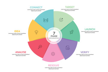 Pie Chart Glassmorphism Infographic Template With 7 Options, Steps, Parts, Segments. Vector Illustration For Business Financial Report.