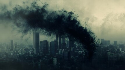 Dramatic Cityscape with Billowing Smoke and Hazy Skies Reflecting Environmental Crisis