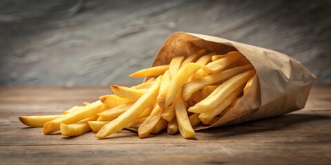 French fries spilling out of a greasy paper bag , fast food, crispy, unhealthy, snack, potatoes, takeaway, street food