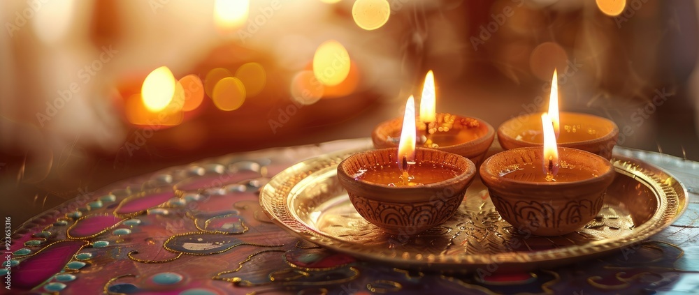 Wall mural a festive display of colorful clay oil lamps, or diya, lit during the hindu festival diwali.