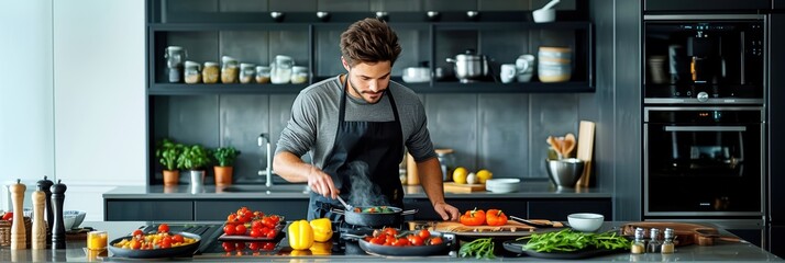 A man cooking in a modern kitchen, surrounded by fresh vegetables and spices, preparing a delicious healthy meal with concentration.