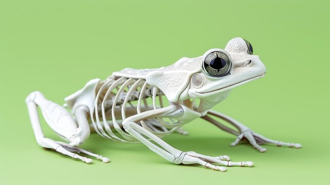 Artistic image of a frog skeleton model on a vibrant green background, showcasing anatomical details with a creative twist.