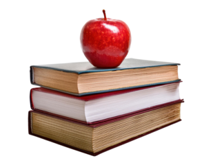 Red Apple on Stack of Books: A single, vibrant red apple sits atop a stack of three books, symbolizing the pursuit of knowledge, education, and the sweet reward of learning.  