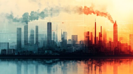 Obraz premium Bustling Cityscape at Sunset with Towering Skyscrapers and Billowing Smoke Reflecting in the Water