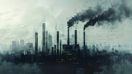 Obraz premium Futuristic Dystopian Urban Skyline with Polluting Industrial Factories Releasing Thick Smoke and