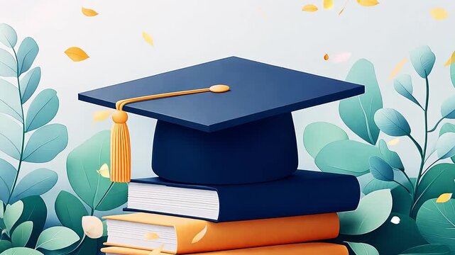 A graduation cap rests atop three stacked books, surrounded by vibrant green leaves and a light, welcoming background.