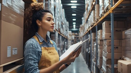Fototapeta premium A female worker with a clipboard stands near a warehouse shelf filled with cardboard boxe