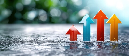 Colorful arrows pointing upwards symbolizing growth and progress, placed on a reflective surface with a blurred natural background.