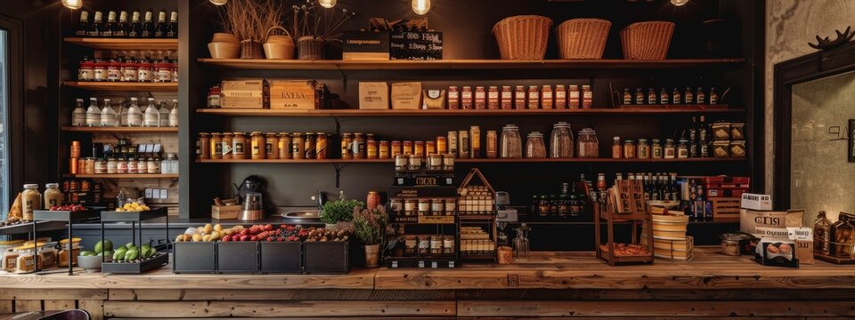 Cozy boutique grocery store interior with wooden shelves and organic products