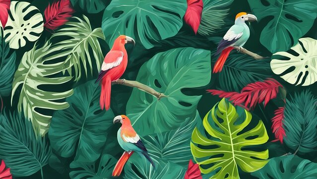background with foliage from tropical forest, monstera, phylodendron with colour emerald green combine with apicrot crush, bird paradise, rangkong bird