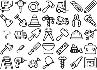 A Collection Of Construction Icons Web Header Banner Design Containing Tool,Construction,Equipment,Carpentry,Work Business Infographic Elements Logo Vector Illustration