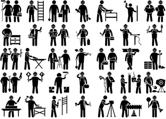 Set Of Construction Workers Glyph Icons Icons Collection Isolated Silhouette Solid Icons Including Architect,Foreman,Construction-Worker,Engineer,Labour Vector Illustration Linear Pictogram Pack