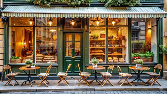 Charming Parisian cafe front with pastries , Paris, France, cafe, bakery, outdoor seating, charming, quaint